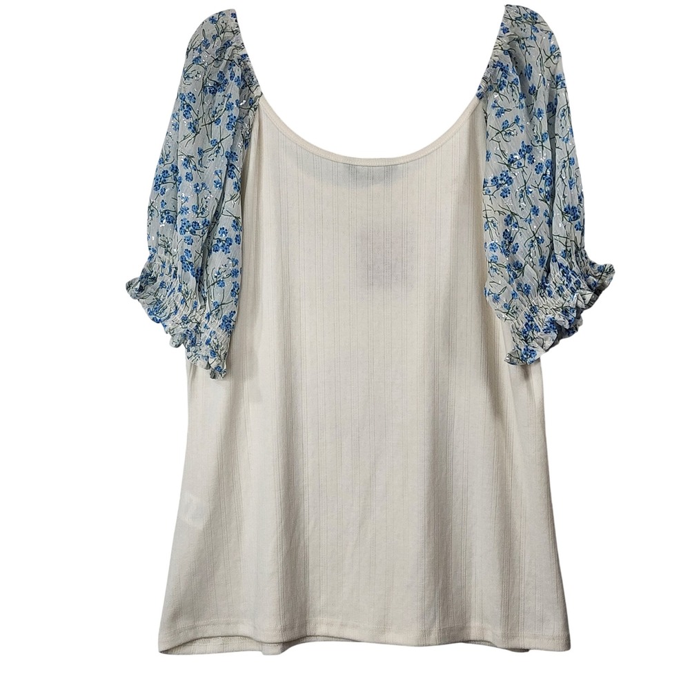 Bloomchic Floral Puff Sleeve Top Size 12 Cream Blue Cottagecore Ribbed Knit Tee - Picture 4 of 6